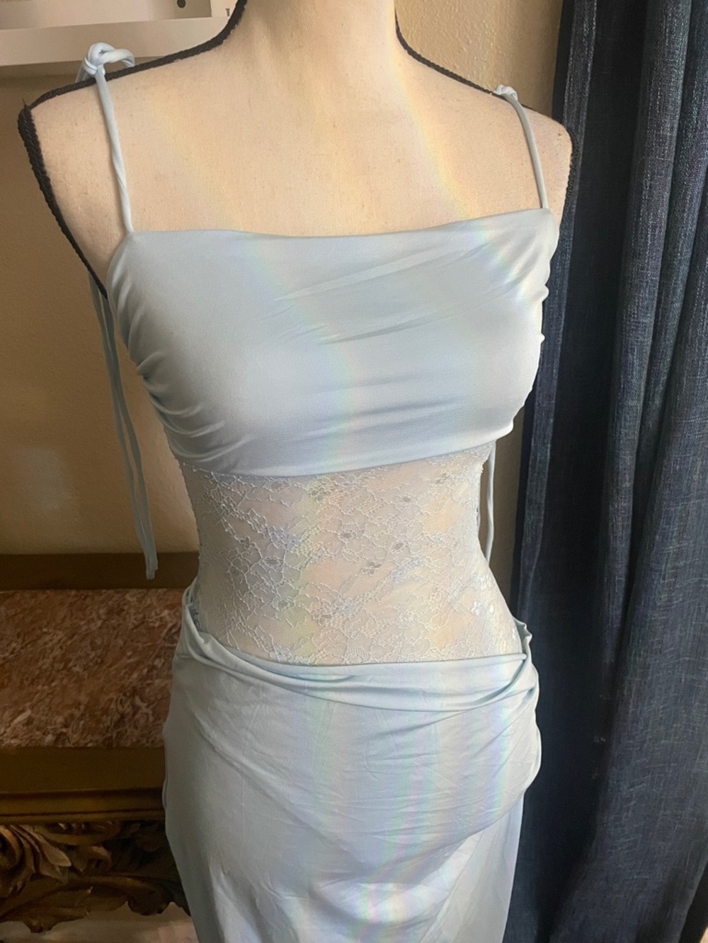 Spaghetti Strap Ruched Evening Long Formal Lace-Panel Slip Dress SM